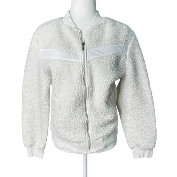ZYIA  ACTIVE Womens M White Sherpa Collarless Full Zip Flying V Bomber Jacket - Picture 4 of 11